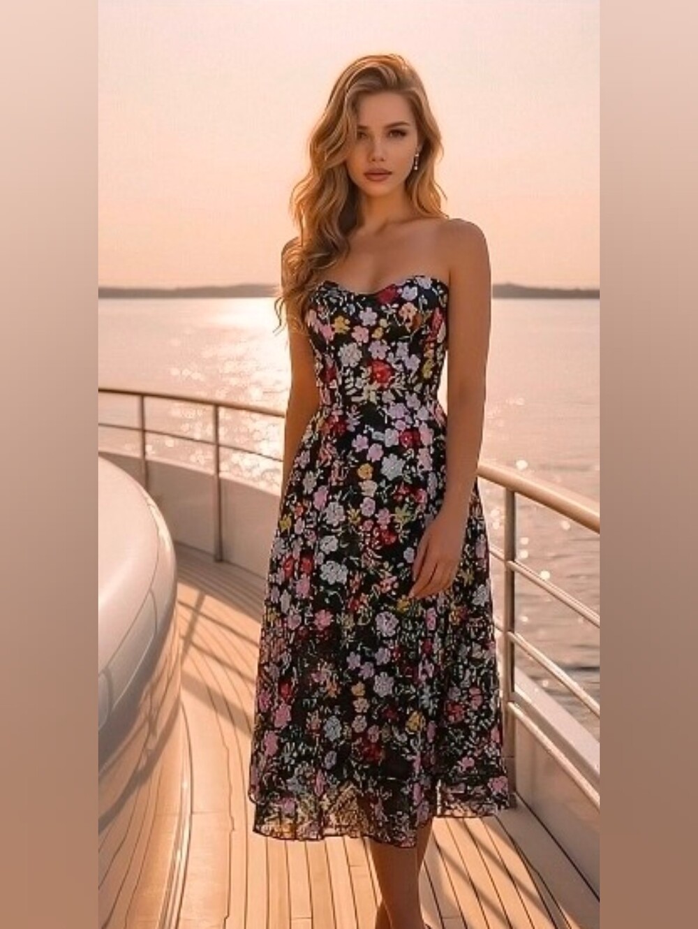 Couture NWT Black Multi Strapless Sequin Floral Tea Length Dress Size 10 #3739
